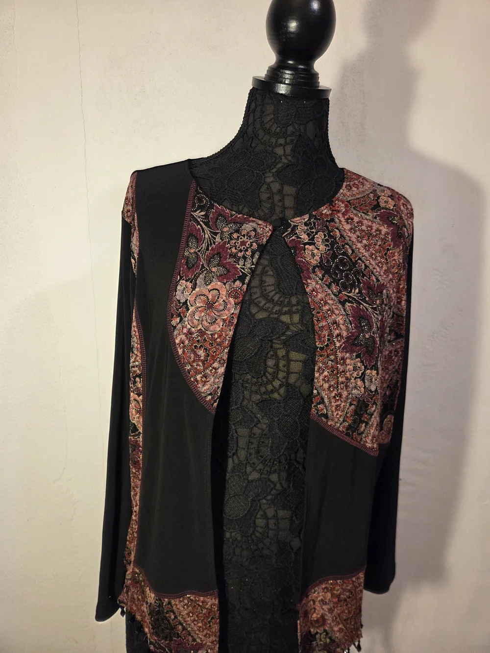MSK Black Jacket with Burgundy and Pink Floral Panels